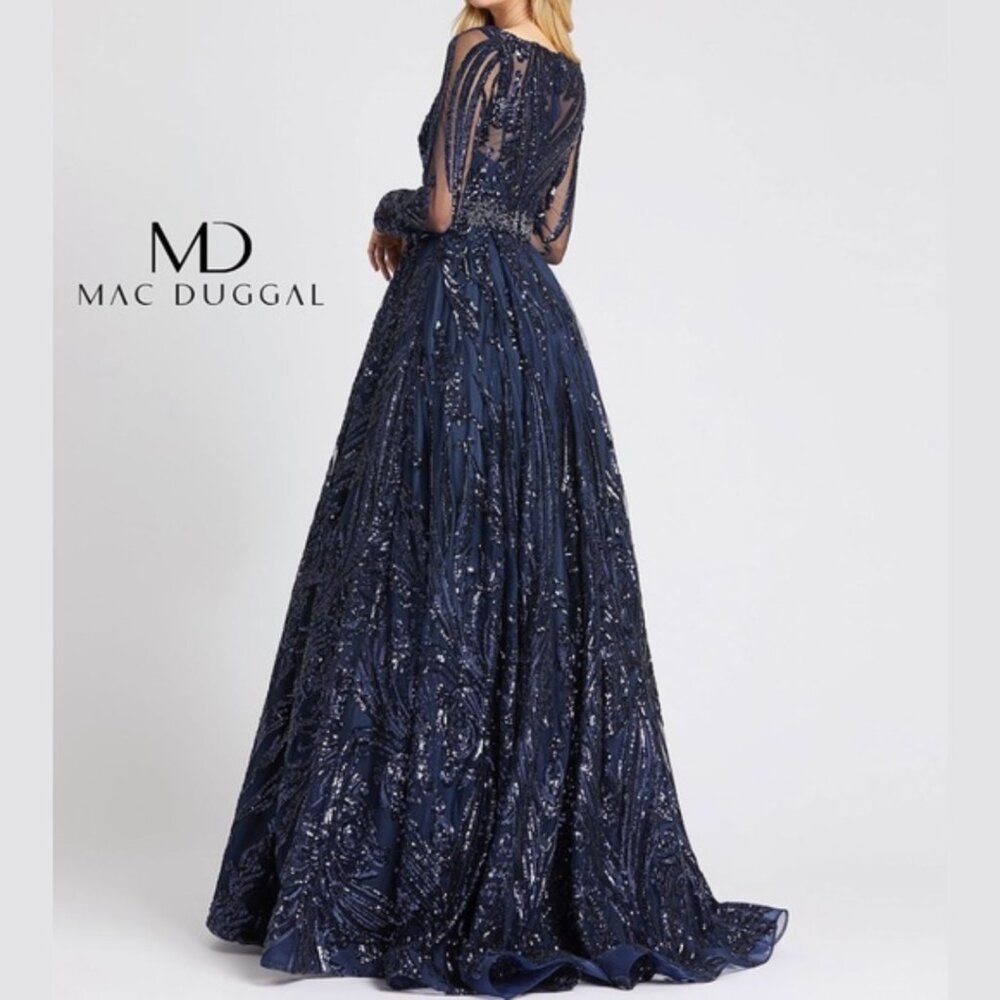 Mac Duggal 67113 Size‎ 18 Dark Navy Blue Long Sleeve Gown Maxi Dress Ballgown - Picture 3 of 3